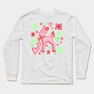 Retro Baby Deer in Red and Green with Hearts and Snowflakes Long Sleeve T-Shirt